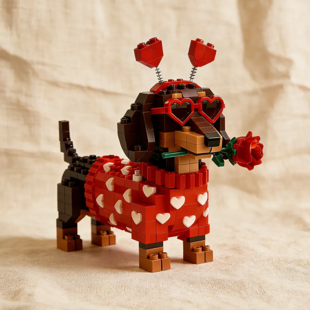 Sødt gravhund byggesæt med hjerte til Valentinsdag. Kreativ gør-det-selv gaveide til børn og voksne.