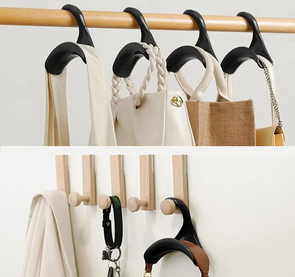 Detaljeret billede af en enkel, elegant opbevaringskrog til tasker, designet til effektiv organisering af skabet.