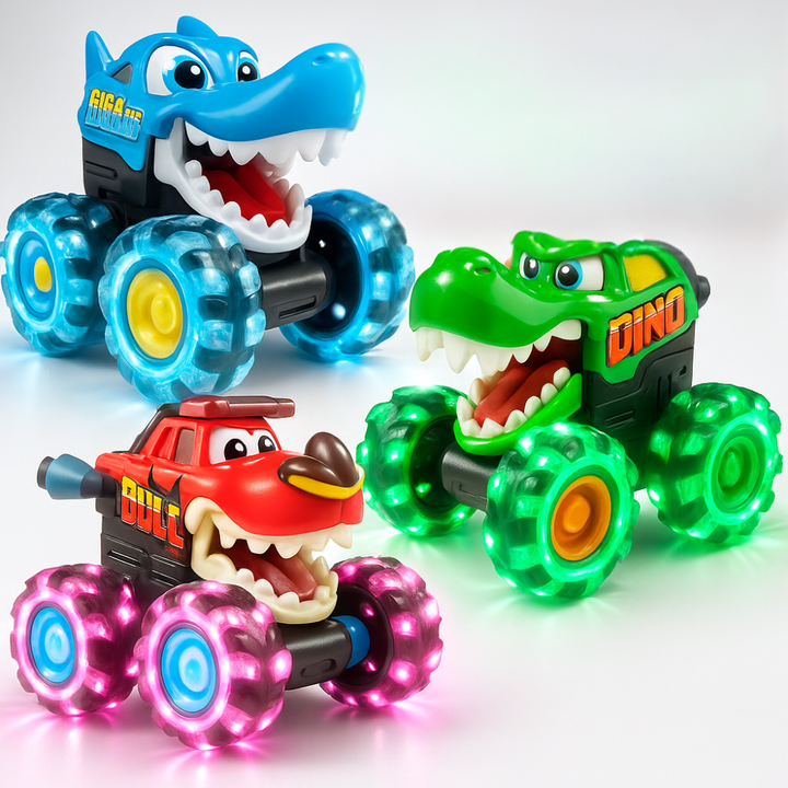 Sæt med 3 lysende monstertrucks til børn. Tryk-og-kør legetøj fremmer motorik og kreativ leg.