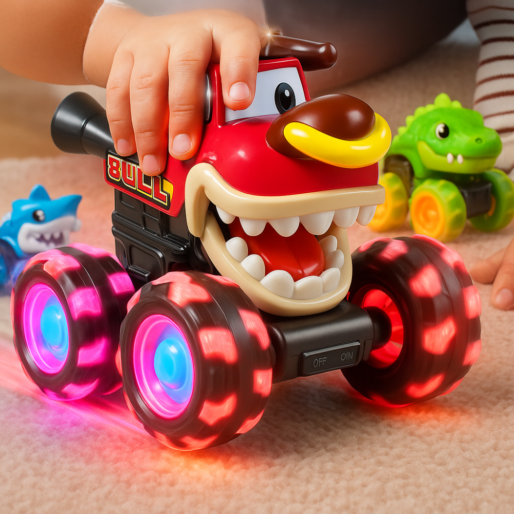 Børn leger med farverige, lysende monstertrucks. Tryk-og-kør funktion for nem og sjov indendørsleg.