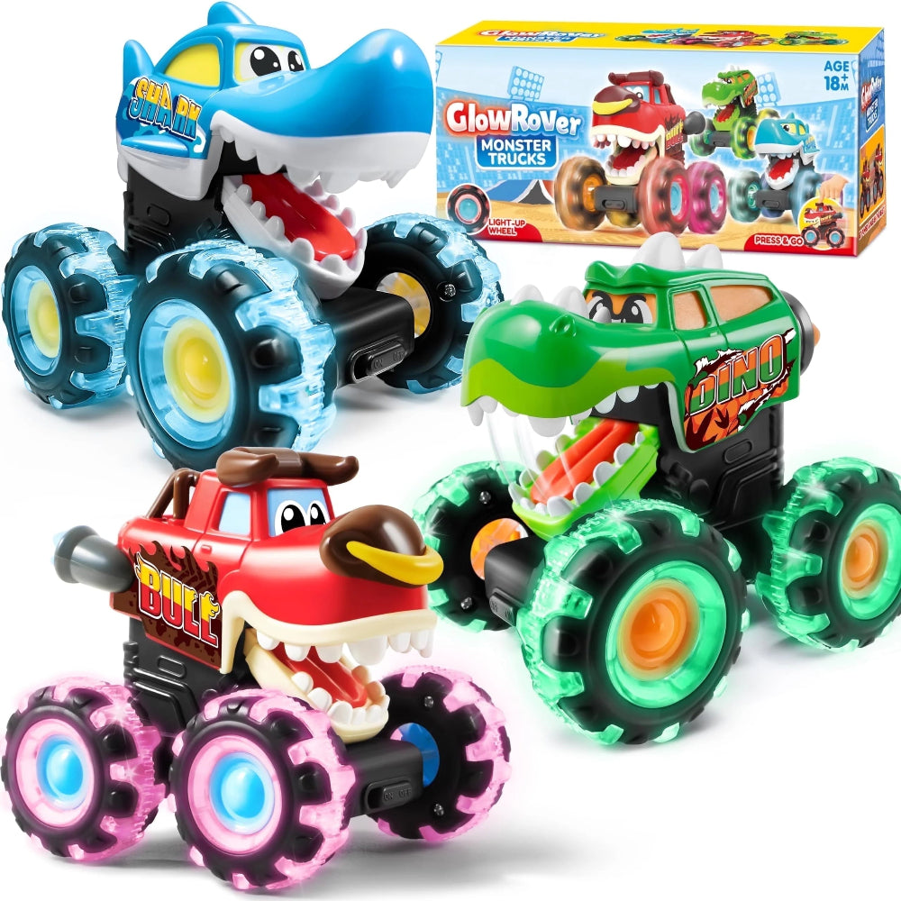 Detaljebillede af 3 lysende monstertrucks. Robust tryk-og-kør legetøj, ideelt til små børnehænder.