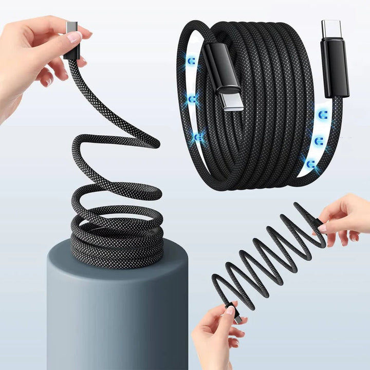 USB-C og Lightning stik på universal selvoprulende magnetisk opladerkabel vist.