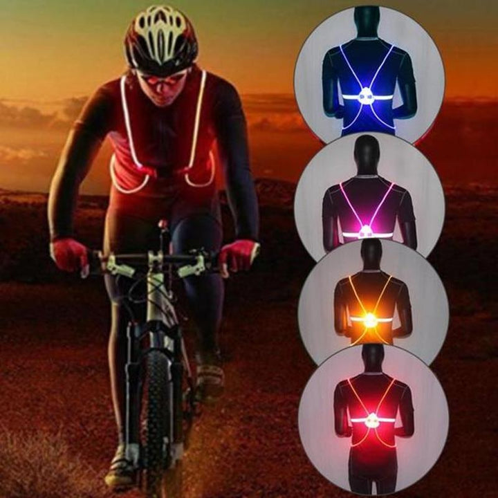 "Sikkerhedsvest med LED-lys 360° synlighed, reflekser og justerbare stropper, ideel til løb og cykling i mørke."