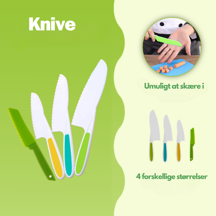 Sikre børnekøkkenredskaber fra JuniorChef. Sættet inkluderer knive og skærere til lærerig madlavning.