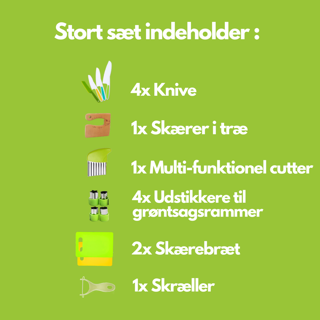 JuniorChef børnekøkkensæt til børn. Udvikler færdigheder med sikre knive og sjov frugt- og grøntsagsskæring.