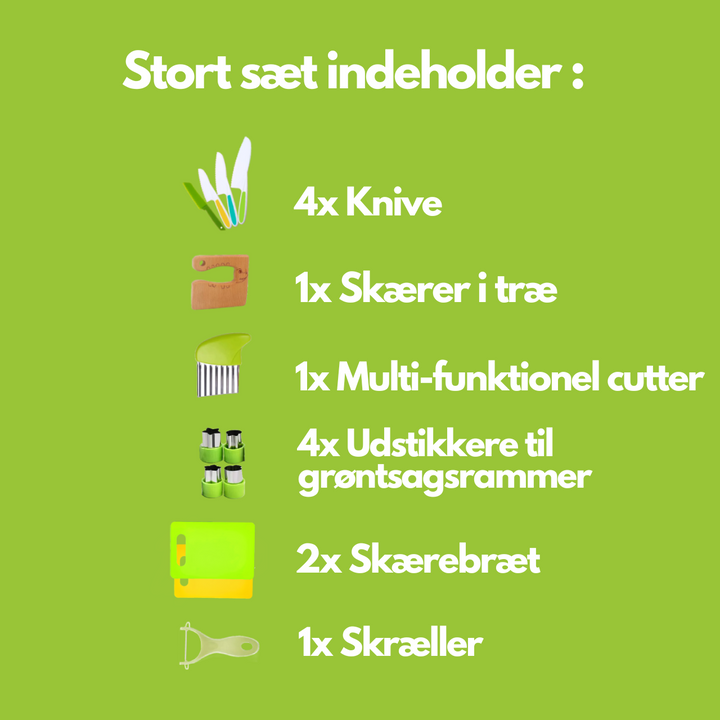 JuniorChef børnekøkkensæt til børn. Udvikler færdigheder med sikre knive og sjov frugt- og grøntsagsskæring.