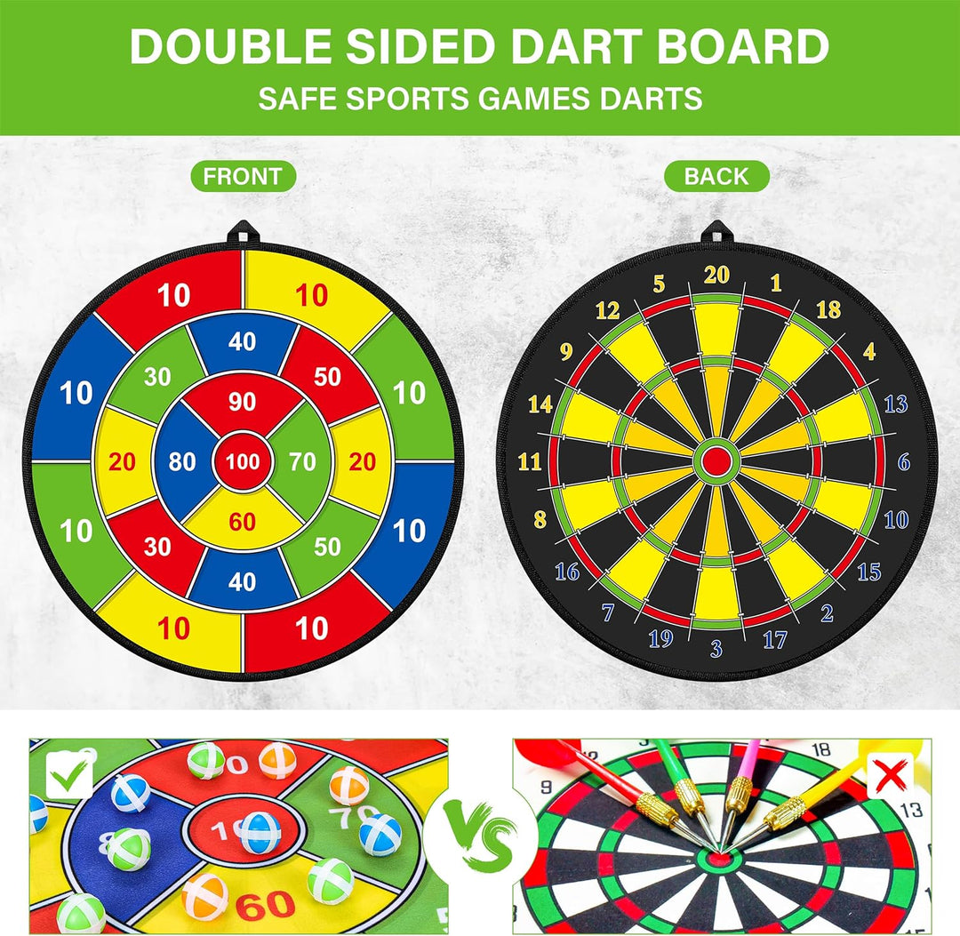 Sikker indendørsleg med dobbeltsidet dartspil for børn. Sjov læring af tal og farver i stuen.