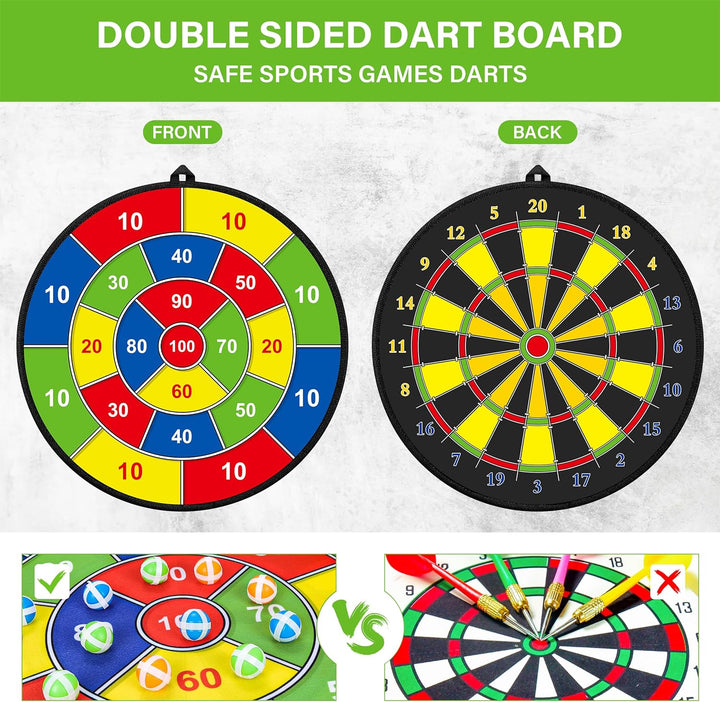 Sikker indendørsleg med dobbeltsidet dartspil for børn. Sjov læring af tal og farver i stuen.