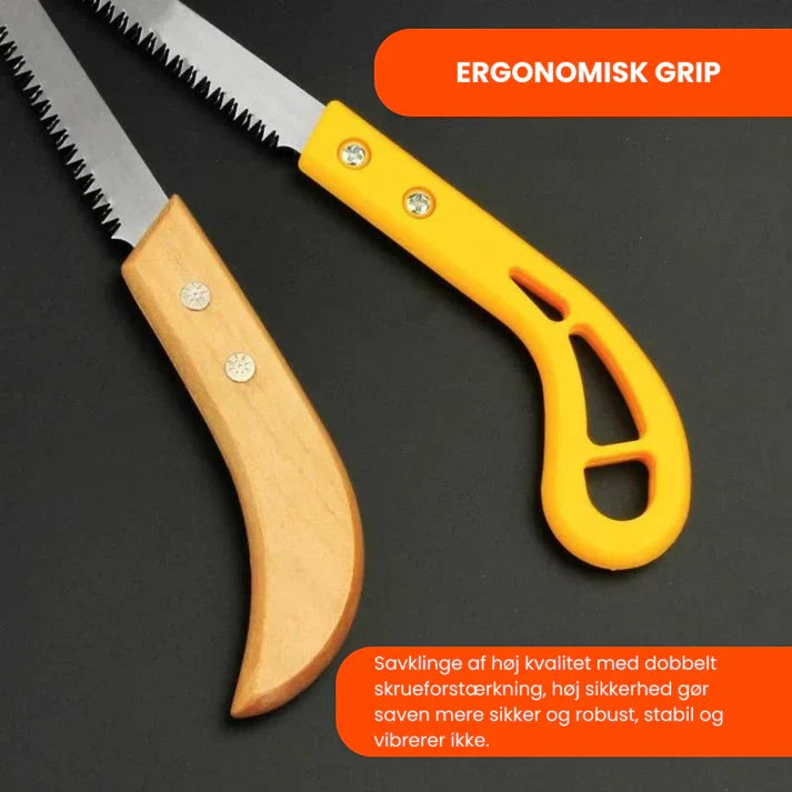 Robust håndsav fra siden, viser holdbart design. Essentielt skæreværktøj til havearbejde og udendørs.