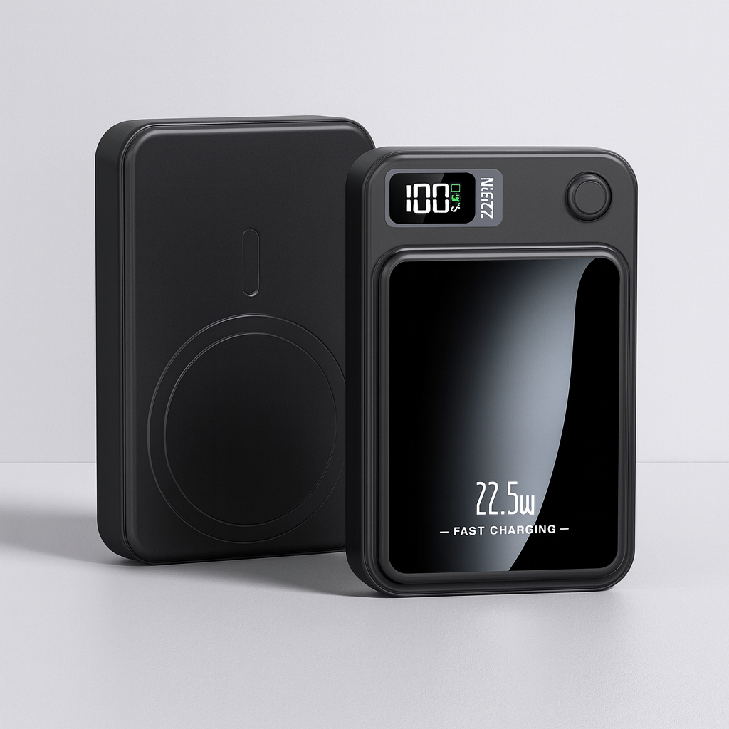 Slank powerbank med 22,5W hurtig & trådløs Qi opladning. Bærbar mobil oplader med USB-C.
