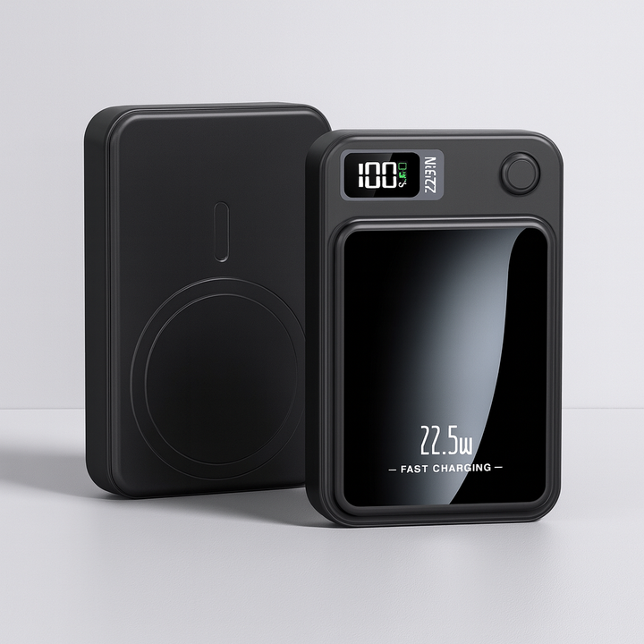 Slank powerbank med 22,5W hurtig & trådløs Qi opladning. Bærbar mobil oplader med USB-C.