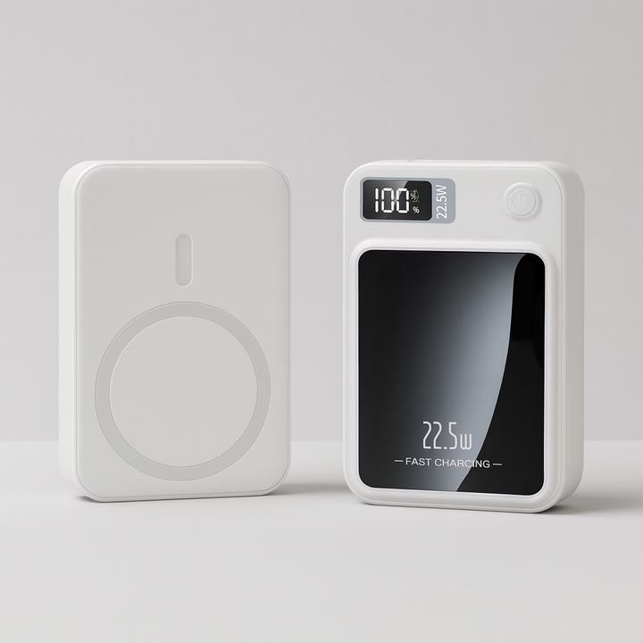 Kompakt bærbar powerbank med trådløs Qi og USB-C. Ideel rejseoplader til smartphones og tablets.