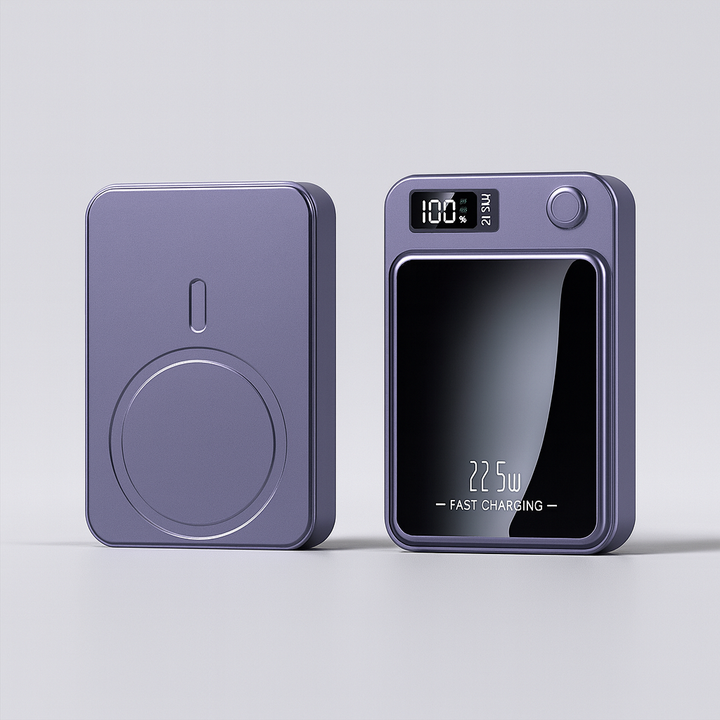 Hurtigopladende 22,5W powerbank med trådløs Qi og USB-C porte. Effektiv mobil oplader til farten.