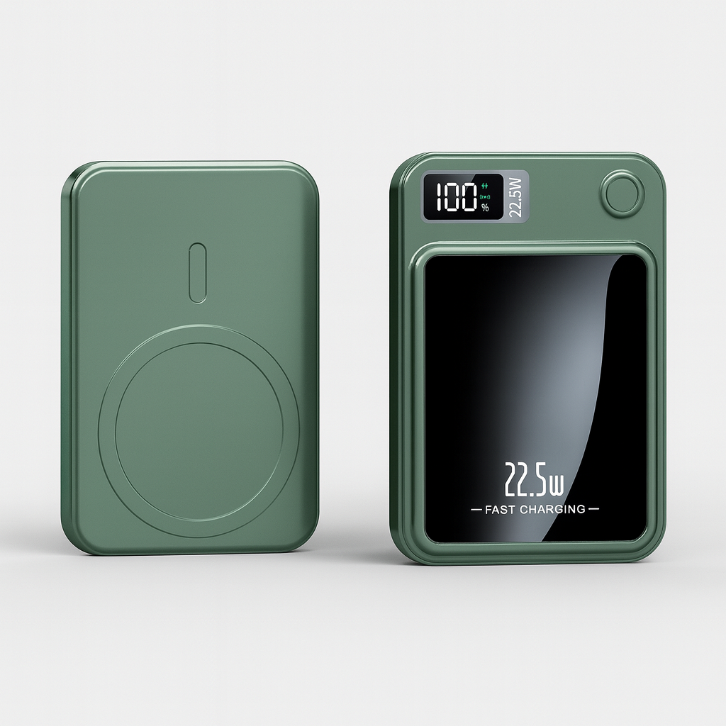 Slank powerbank (10000/20000mAh) med hurtig 22,5W og trådløs Qi opladning. Stilfuld bærbar lader.
