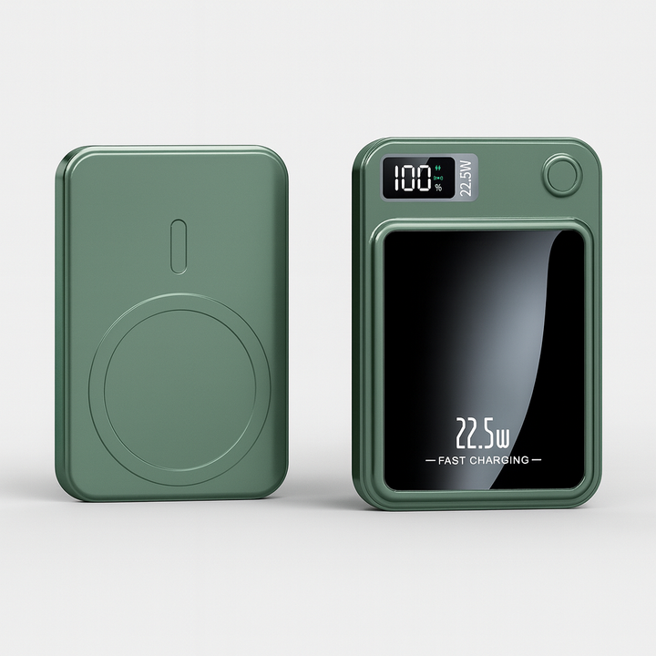 Slank powerbank (10000/20000mAh) med hurtig 22,5W og trådløs Qi opladning. Stilfuld bærbar lader.