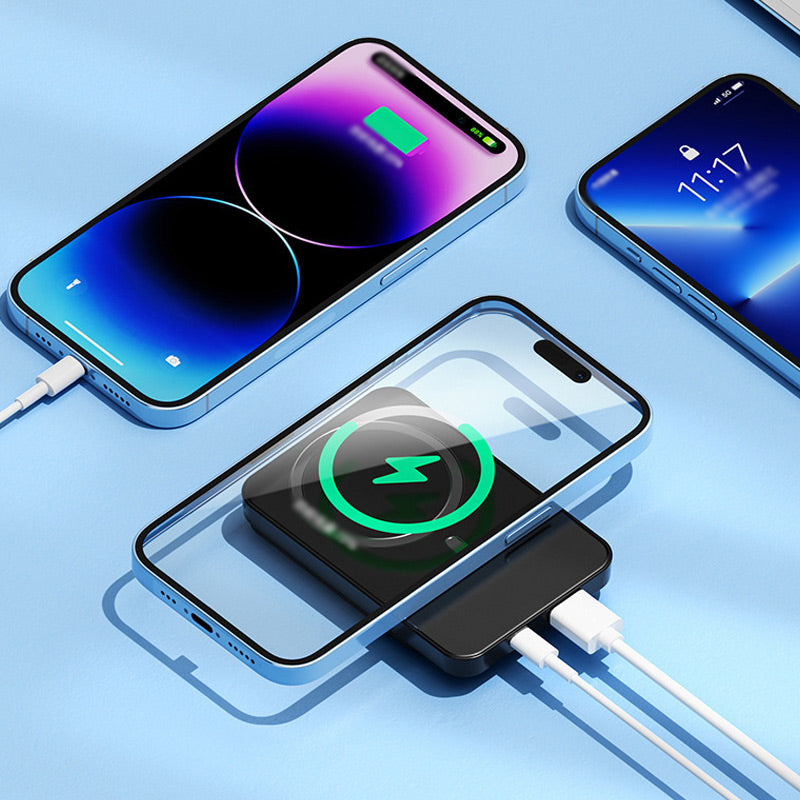 Frontbillede af slank 22,5W powerbank med trådløs Qi og USB-C. Kompakt mobil oplader.