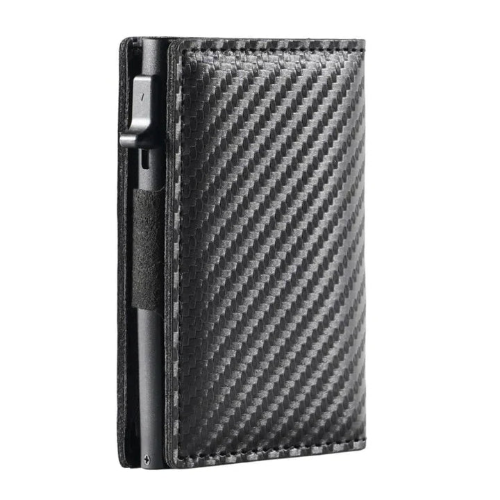 "Slank RFID-pung i carbon-sort med avanceret NFC-blokering, slank, holdbar, sikker til daglig brug og stilfuld accessory."