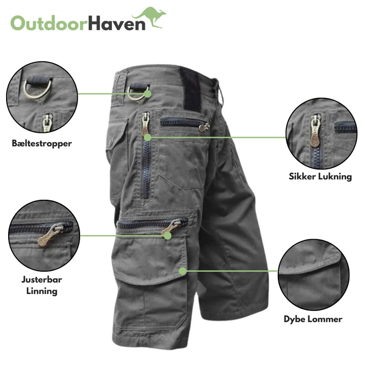 "Slidstærke outdoor cargo shorts til mænd, hurtigtørrende, med flere lommer, i grå polyester til udendørs aktiviteter."