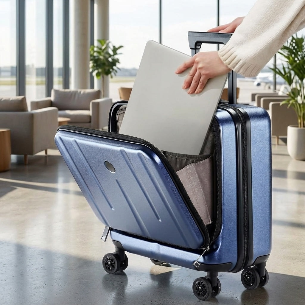 Slimport håndbagage kuffert med laptoprum & hjul, ideel til forretningsrejser i mørkeblå.