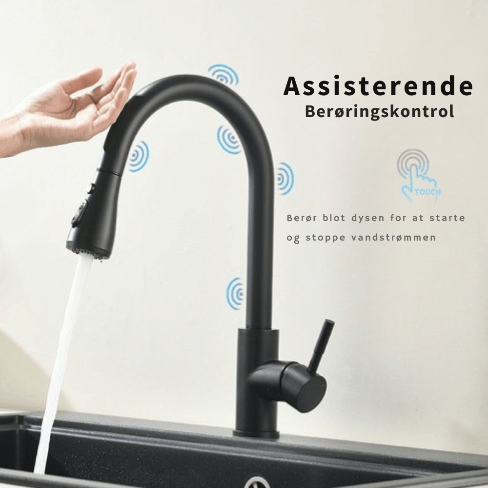 Futuristisk SmartFlow sensorarmatur; smart hjem integration for øget komfort og bekvemmelighed i køkkenet.
