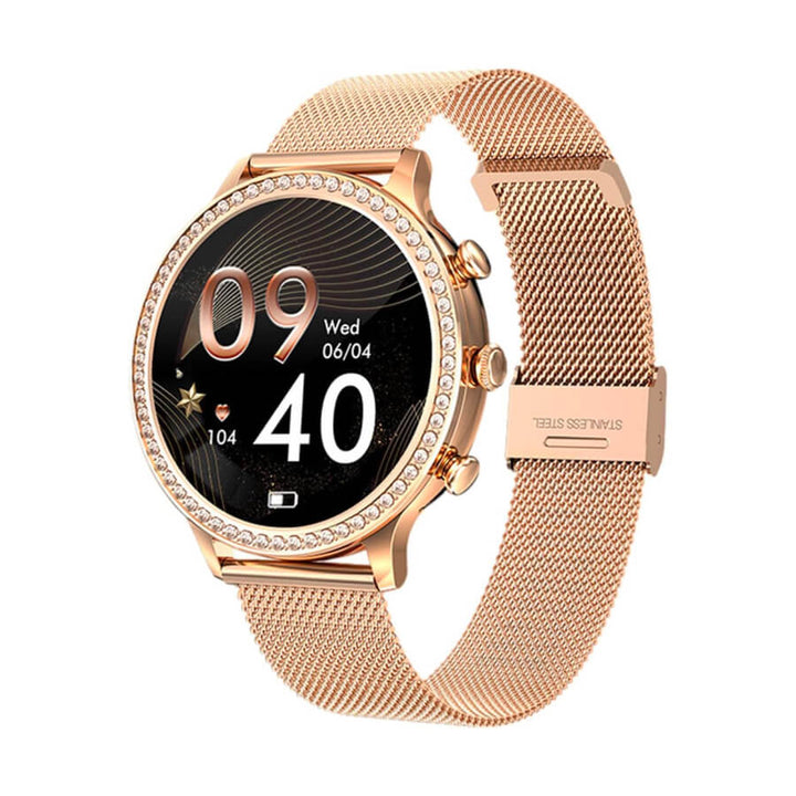 Smartwatch i rustfrit stål til kvinder, elegant og stilfuldt design med fitnessfunktioner som pulsmåler og søvnsporing.