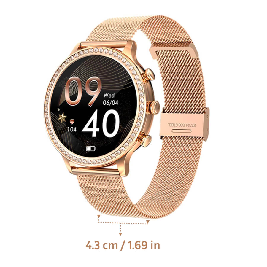 Smartwatch i rustfrit stål til kvinder, elegant og stilfuldt design med fitnessfunktioner som pulsmåler og søvnsporing.