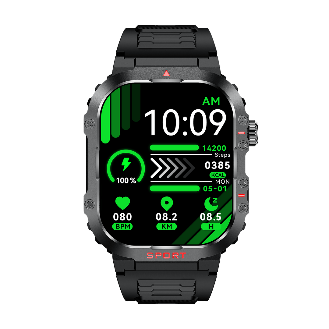 Smartwatch til sundhedssporing med glukose- og pulsmåler. Sort fitnessur viser data på skærm.