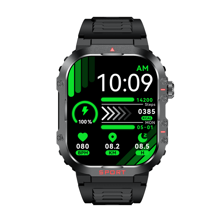 Smartwatch til sundhedssporing med glukose- og pulsmåler. Sort fitnessur viser data på skærm.
