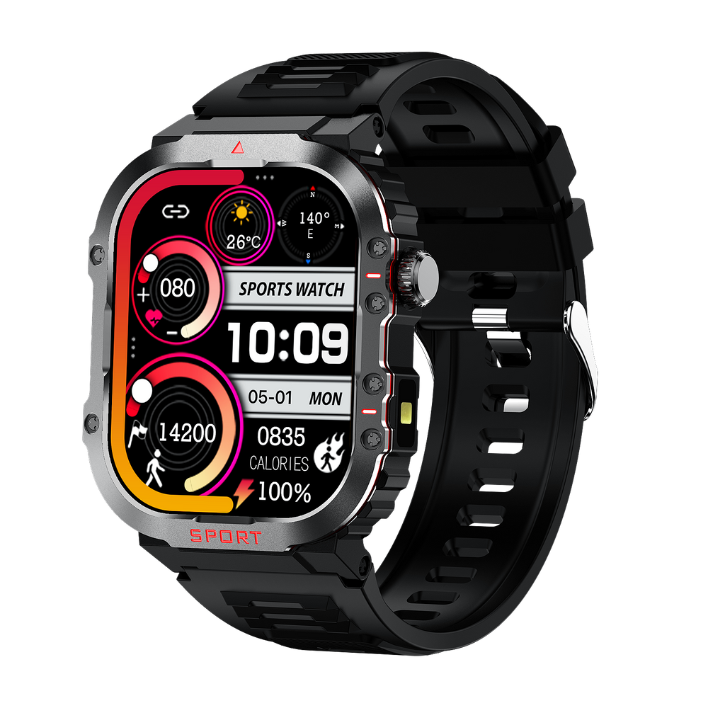 Sølvfarvet smartwatch og aktivitetsmåler. Måler puls, blodtryk og glukose under sport og fitness.