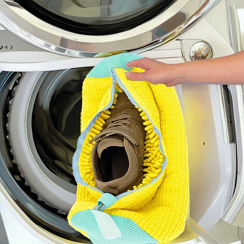 Enkel SneakShield vaskepose i blød chenille. Optimal skobeskyttelse til sneakers under maskinvask og rengøring.