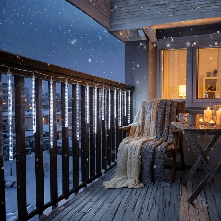 Magisk snefaldslys girlander til haven. LED udendørsbelysning med meteorregn effekt.