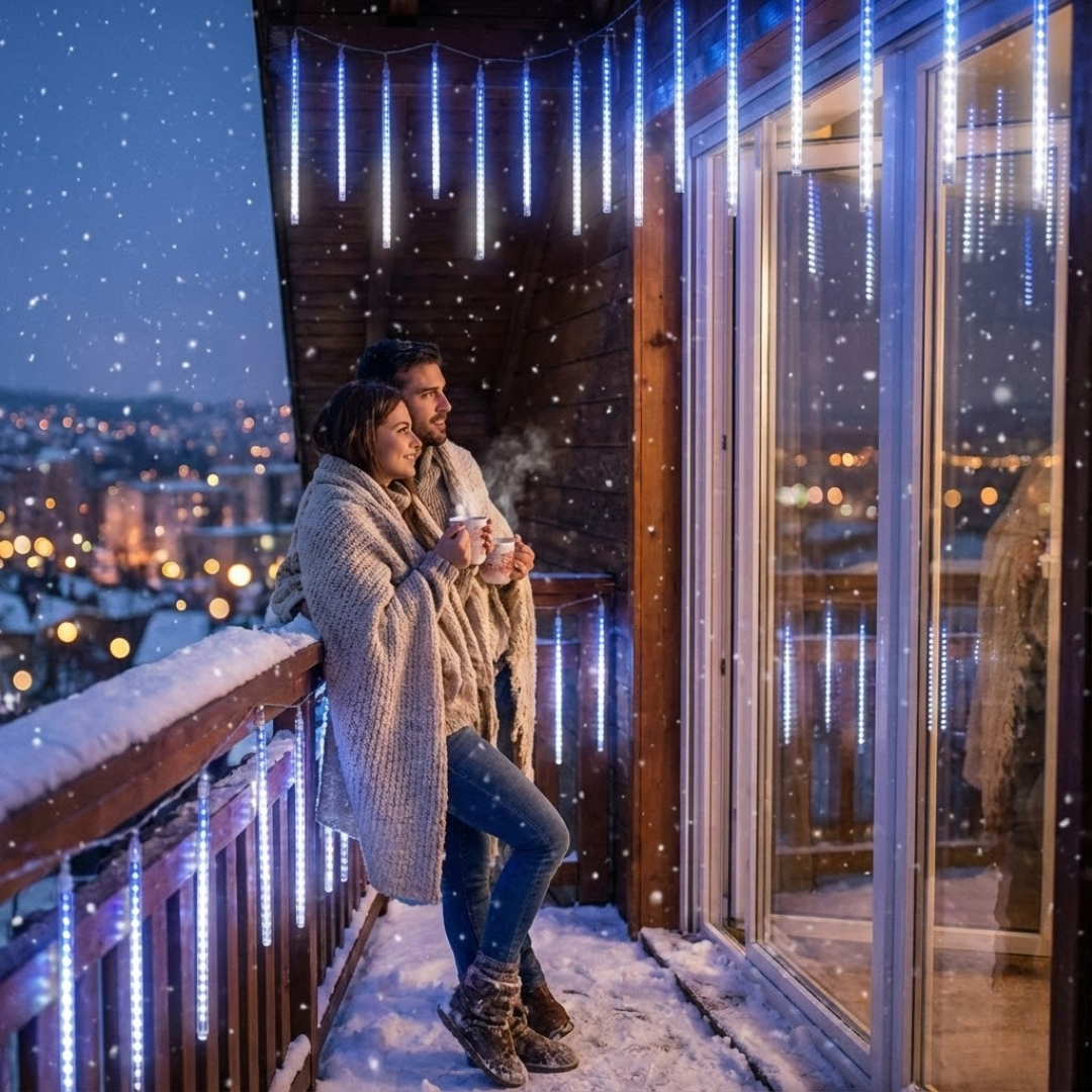 Vinterdekoration: LED girlanderlys med snefaldseffekt. Perfekt julelys til udendørs brug.