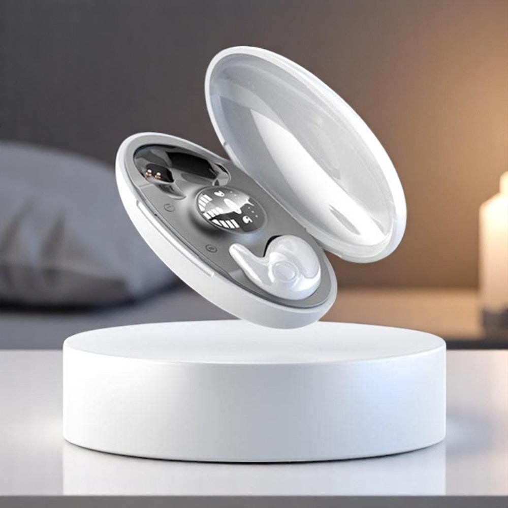 Bløde SnoozePods mini-ørepropper, trådløse for ultimativ sovekomfort. Letvægt og effektiv lydblokering.
