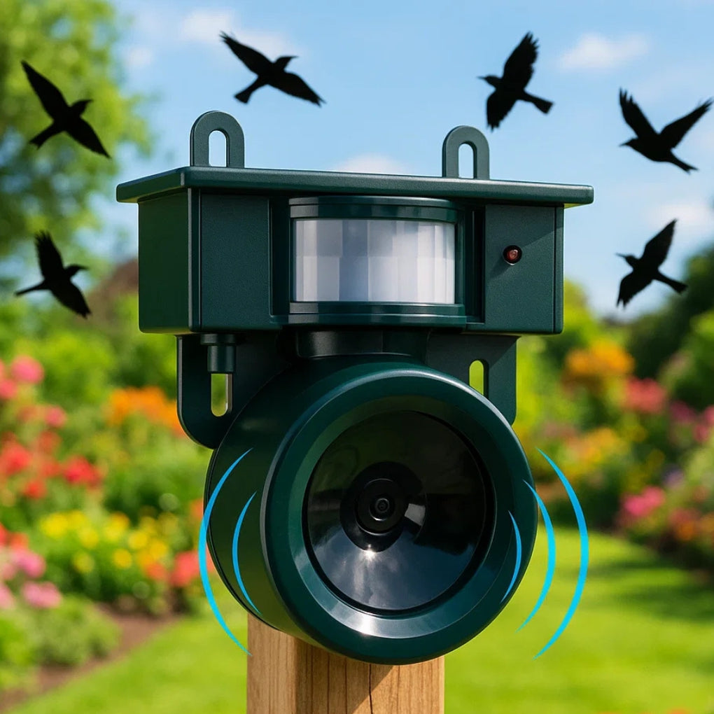 Solcelledrevet fugleskræmmer med PIR-sensor, vejrbestandig til effektiv havebeskyttelse.