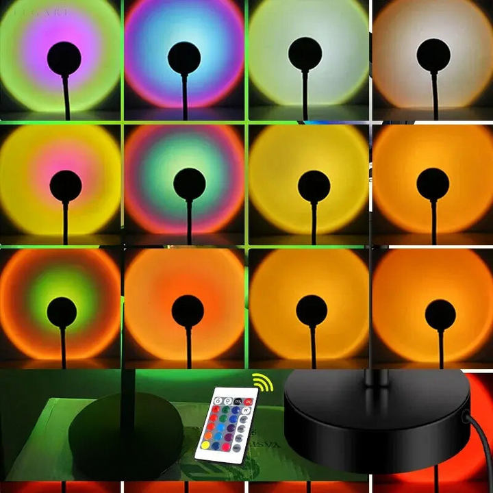 Kunstnerisk billede af solnedgangsprojektorlampe, der transformerer væggen med beroligende stemningslys.