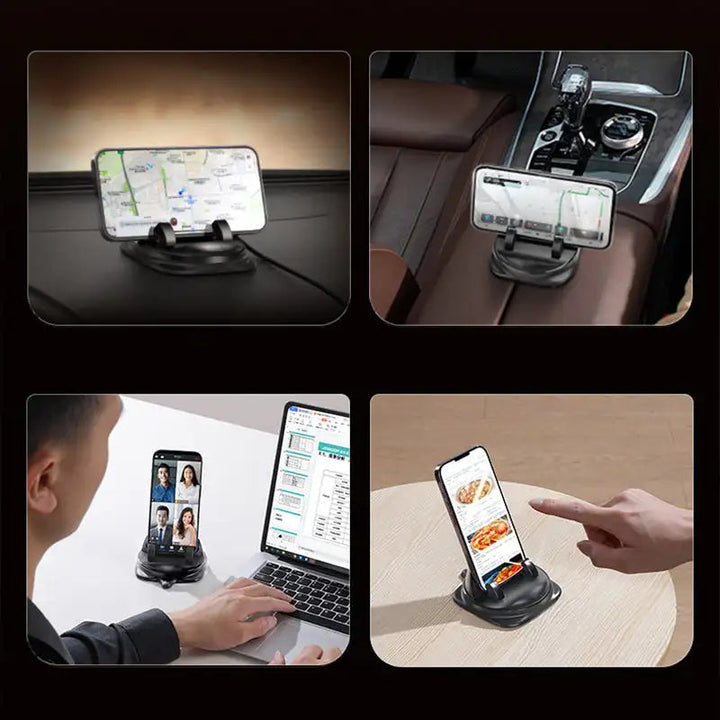 Sort 360° drejbar telefonholder til bil, elegant design, sikrer stabilitet, nem installation og bred smartphone-kompatibilitet
