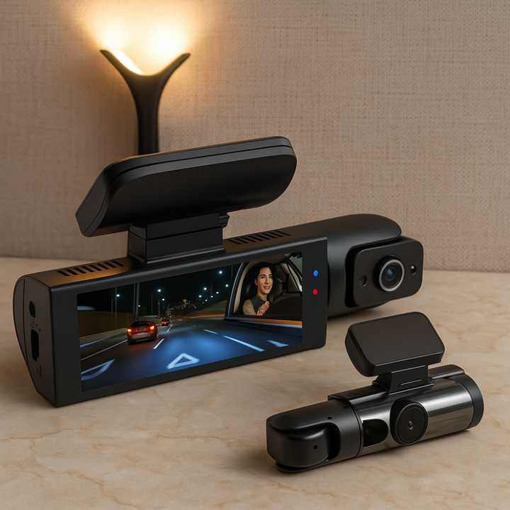 Sort bil dashcam med bred synsvinkel for optimal køretøjssikkerhed og videooptagelse.