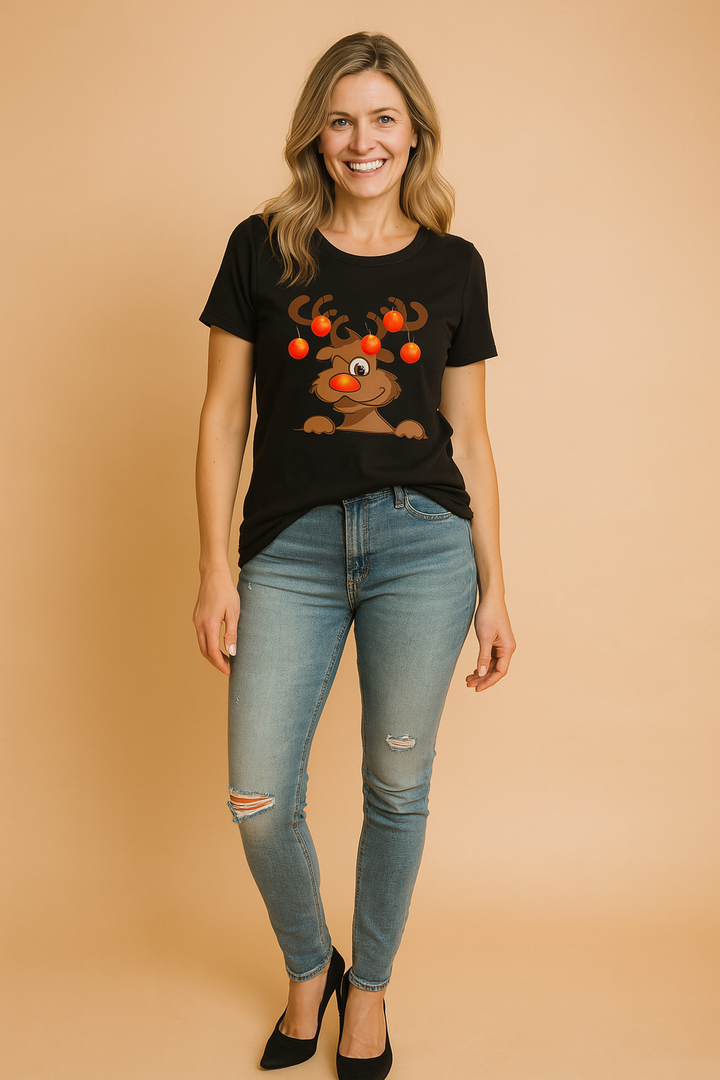 Sort dame jule t-shirt med sjovt rensdyr motiv, perfekt til julefrokost. Komfortabel og festlig.