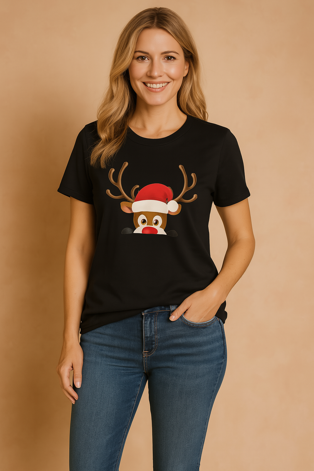 Festlig dame t-shirt med humoristisk julemandstryk. Blød jule t-shirt i sort til kvinder.