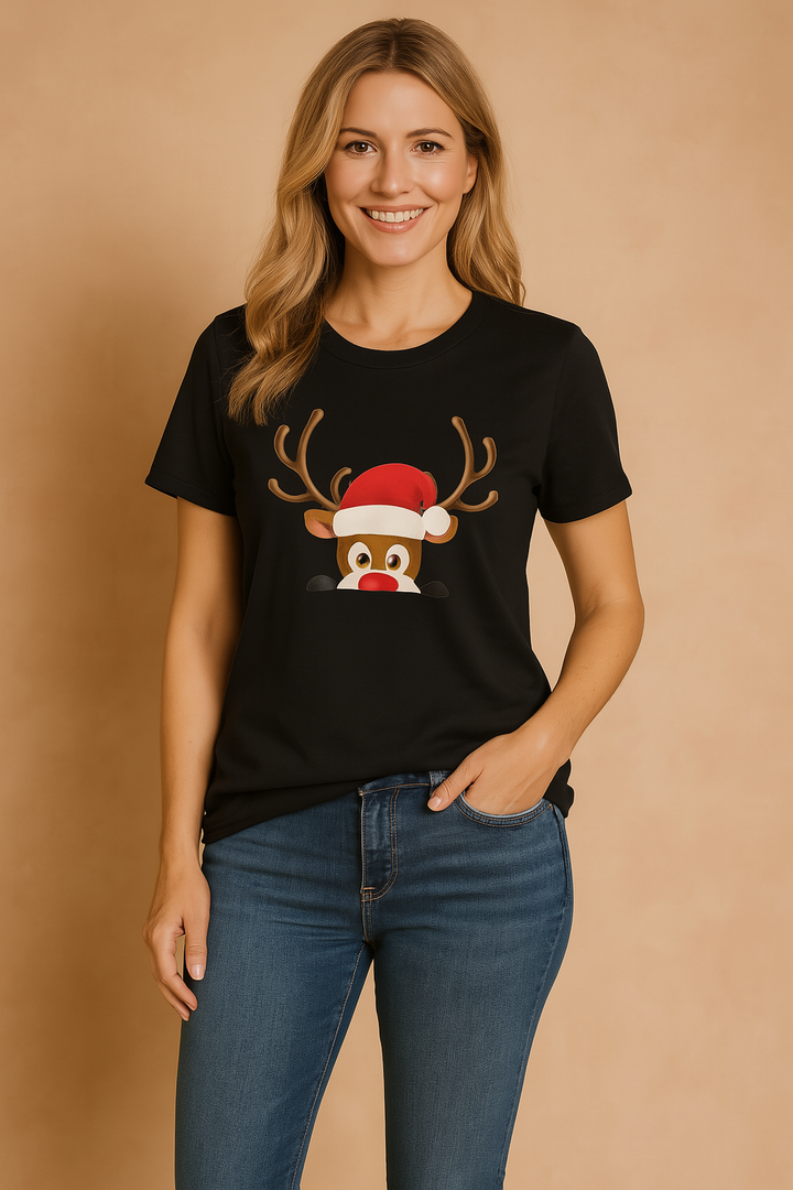 Festlig dame t-shirt med humoristisk julemandstryk. Blød jule t-shirt i sort til kvinder.