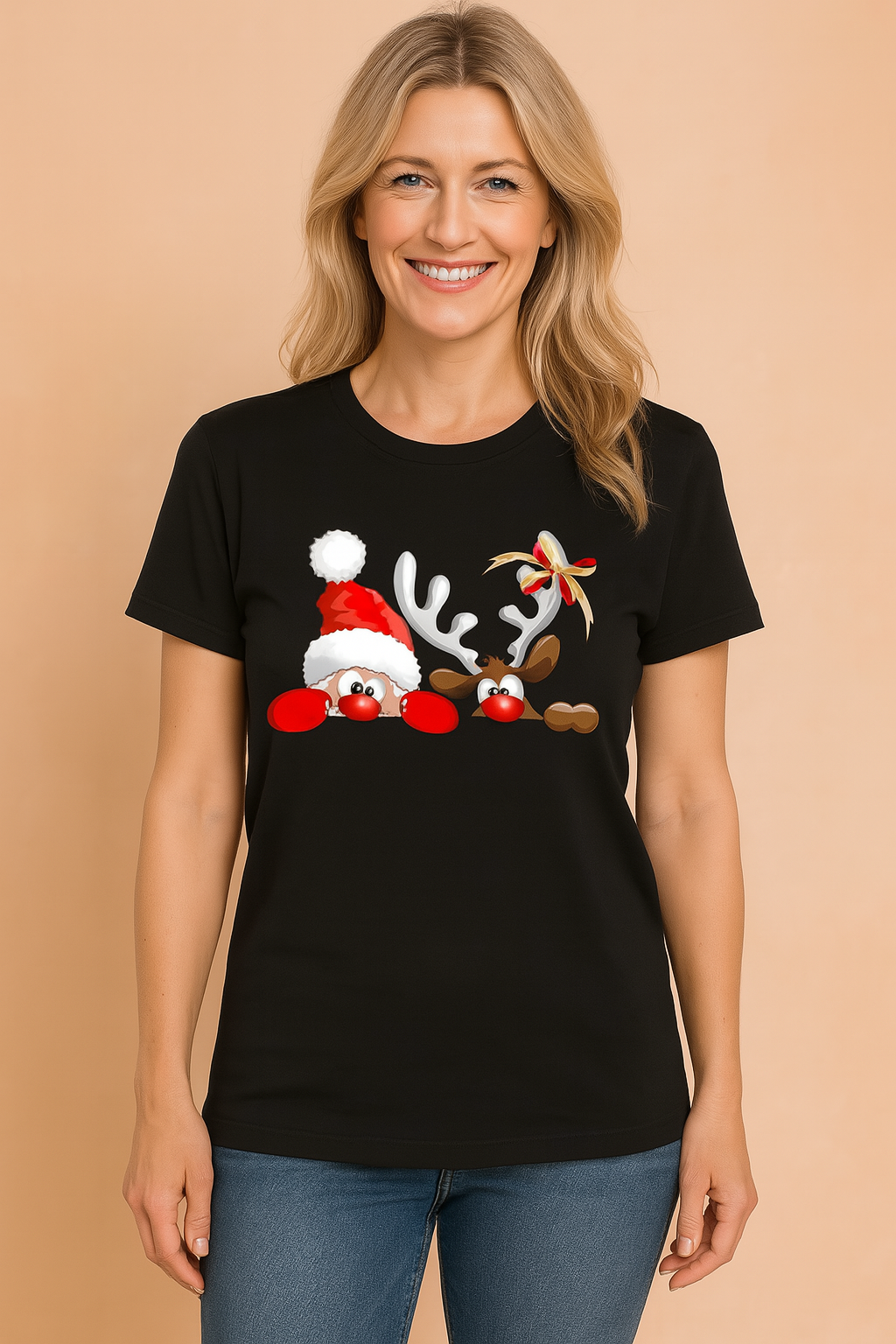 Komfortabel sort dame jule t-shirt med unikt humoristisk julemotiv. Ideel til jul og julefester.