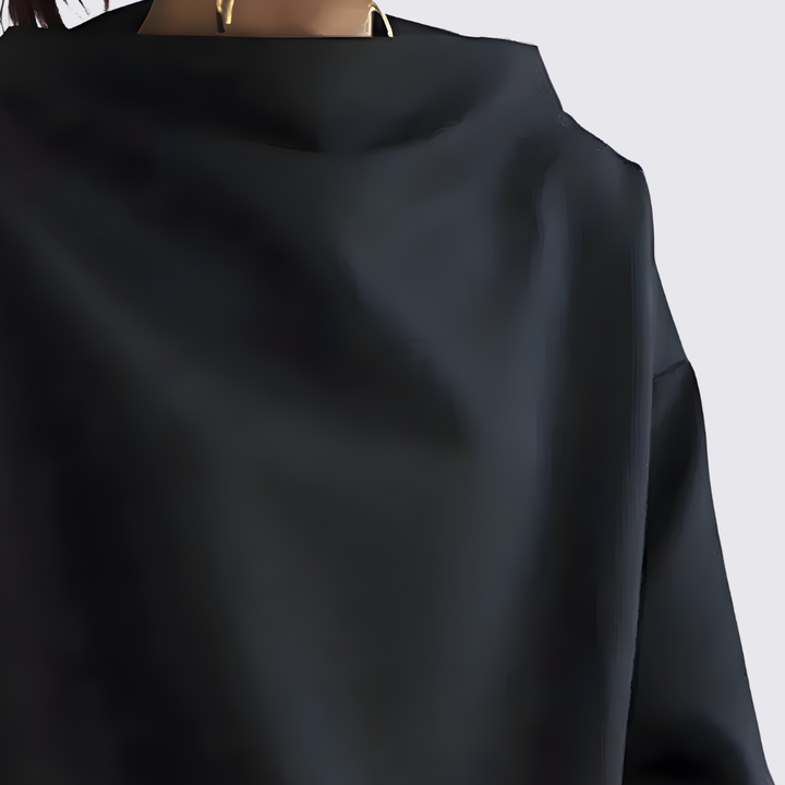Behagelig sort damesweatshirt med høj hals og løs pasform. Elegant og komfortabelt dametøj.