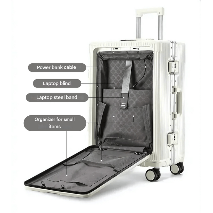 Elegant sort hård kabinekuffert i polycarbonat, med TSA-lås og holdbare hjul, ideel som håndbagage.