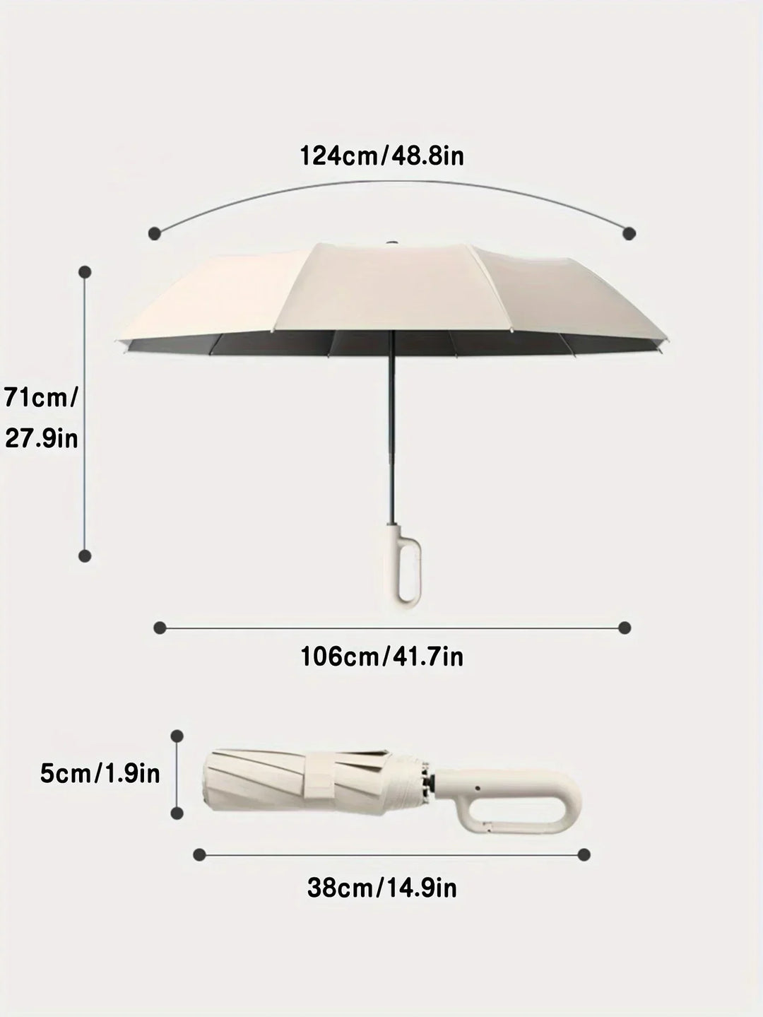 Detalje af den automatiske knap på en kompakt unisex paraply for hurtig åbning og lukning.
