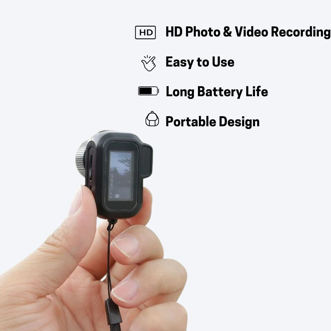 Sort kompakt HD minikamera, perfekt til diskret optagelse af video og fotos overalt.