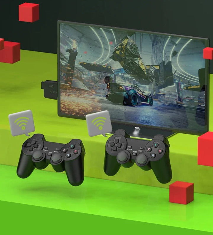 Kompakt retro spilkonsol med controllere og adgang til 20.000 ikoniske videospil; ultimativ gaming-oplevelse.