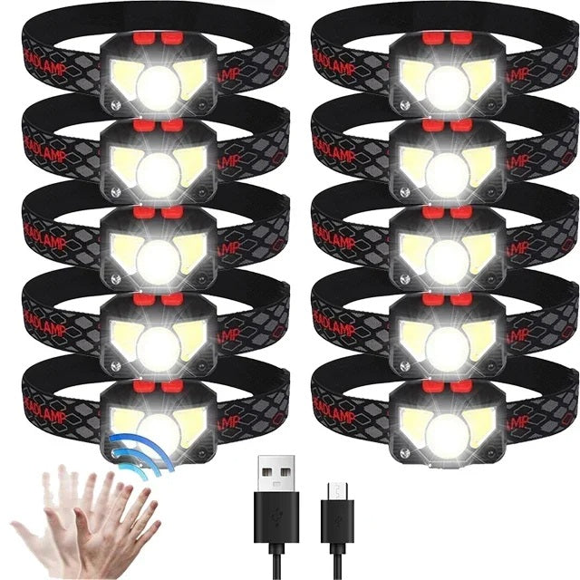 Håndfri, genopladelig USB LED pandelampe med sensor. Ideel til udendørs eventyr og mørke.
