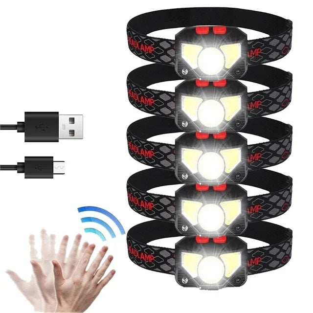 Sensor LED pandelampe til fiskeri, vandring, camping. USB genopladelig og sort letvægtsdesign.