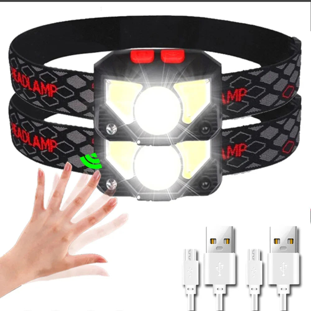 Sort USB LED pandelampe. Letvægt, sensoraktiveret, genopladelig for fiskeri, vandring og nødsituationer.