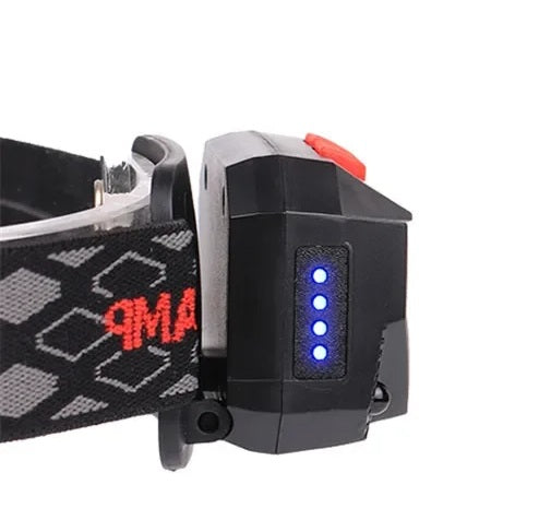 Sort genopladelig USB LED pandelampe til fiskeri. Sensoraktiveret belysning for mørke timer.